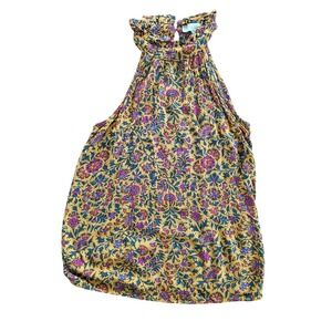 XS Cynthia Rowley Womens Halter Top Mustard Floral Ruffle Neck Blouse PHOTOS